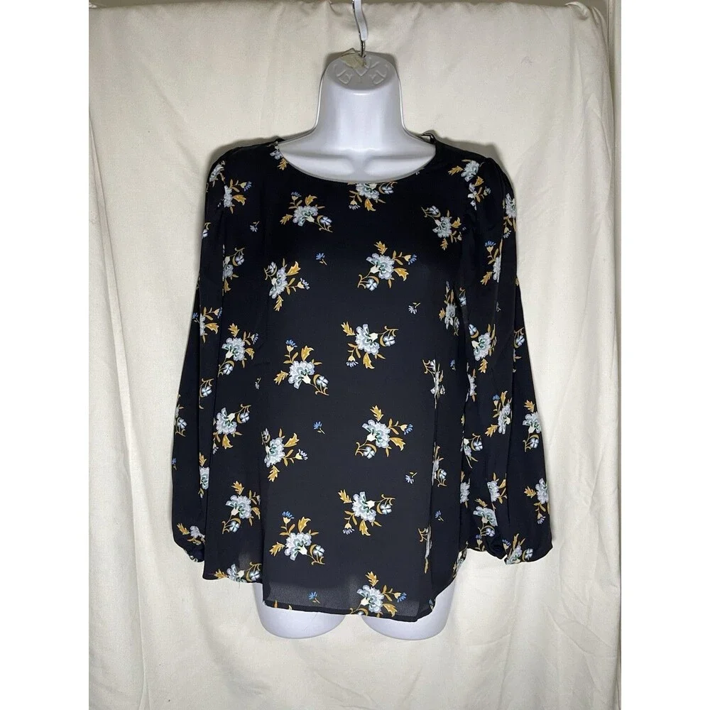 LOFT Womens Small Floral Blouse Navy Blue Long Puff Sleeve Pleated Shoulder S